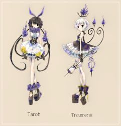 Rule 34 | 2girls, arms at sides, bad anatomy, black eyes, black hair, blue fire, braid, chandelure, dress, fire, frills, high heels, lantern, long hair, looking at viewer, multiple girls, one-eyed, personification, pokemon, short hair, skirt, standing, twintails, very long hair, white hair, white skirt, yeah m