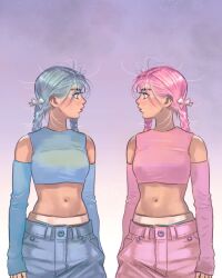 Rule 34 | 2girls, blue eyes, blue hair, bow, braid, breasts, commentary, crop top, denim, eye contact, hair bow, highres, jeans, little thunder, looking at another, medium breasts, multiple girls, navel, original, panties, pants, pink eyes, pink hair, sky, star (sky), starry sky, thick eyebrows, twin braids, underwear