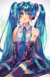 Rule 34 | 1girl, :o, ayatsuki sugure, black gloves, black skirt, black thighhighs, blouse, blue eyes, blue hair, blue necktie, blush, collared shirt, commentary, elbow gloves, feet out of frame, gloves, hair intakes, hatsune miku, highres, long hair, looking at viewer, necktie, number tattoo, open mouth, seiza, shirt, sitting, skirt, sleeveless, sleeveless shirt, solo, tattoo, thighhighs, twintails, twitter username, vocaloid, white shirt, zettai ryouiki