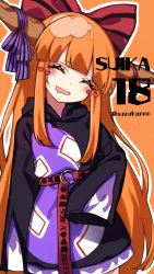Rule 34 | 1girl, ^ ^, alternate costume, belt, black hoodie, blunt bangs, blush, bow, character name, closed eyes, clothes writing, contemporary, gourd, hair bow, head tilt, heart, highres, hood, hoodie, horn ornament, horn ribbon, horns, ibuki suika, kyouda suzuka, long hair, long sleeves, miniskirt, open mouth, orange background, orange hair, purple ribbon, purple skirt, red belt, red bow, red ribbon, ribbon, simple background, skirt, smile, solo, standing, striped, striped bow, touhou, twitter username, very long hair, wide sleeves