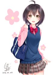 Rule 34 | 10s, 1girl, :d, absurdres, ahoge, artist request, bashosho, black hair, blush, bow, brown eyes, dated, highres, idolmaster, idolmaster cinderella girls, kohinata miho, open mouth, short hair, smile, solo, sweater vest