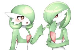 Rule 34 | 2girls, blush, bob cut, colored skin, covering own mouth, creatures (company), eye contact, female focus, flat chest, game freak, gardevoir, gen 3 pokemon, green hair, green skin, hair over one eye, hand up, happy, highres, looking at another, multicolored skin, multiple girls, nintendo, one eye covered, open mouth, pokemon, pokemon (creature), red eyes, shiny skin, short hair, simple background, smile, standing, tahita, textless version, two-tone skin, upper body, waving, white background, white skin
