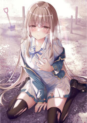 Rule 34 | 1girl, between legs, black footwear, black thighhighs, blue bow, blue jacket, bow, bra, breasts, brown eyes, brown hair, collarbone, collared shirt, commentary request, dress shirt, hair between eyes, hand between legs, highres, jacket, loafers, long hair, long sleeves, looking at viewer, off shoulder, open clothes, open jacket, original, parted lips, school uniform, shirt, shoes, shovel, skirt, sleeves past wrists, small breasts, solo, sousouman, thighhighs, torn clothes, torn shirt, torn skirt, torn thighhighs, underwear, very long hair, white bra, white shirt