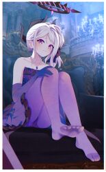 Rule 34 | 1girl, absurdres, blue archive, feet, highres, hina (blue archive), hina (dress) (blue archive), light blush, long hair, looking at viewer, miraclemeteor, pantyhose, purple eyes, soles, toes, white hair