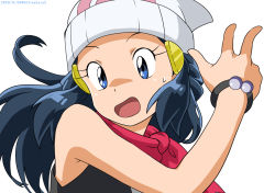 1girl, artist name, beanie, black hair, blue eyes, bracelet, commentary request, creatures (company), dated, dawn (pokemon), eyelashes, floating hair, game freak, hair ornament, hairclip, hat, jewelry, kibisakura2, long hair, looking to the side, nintendo, open mouth, pokemon, pokemon (anime), pokemon dppt (anime), scarf, simple background, sleeveless, solo, sweatdrop, tongue, white background, white headwear