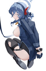 Rule 34 | 1girl, absurdres, ako (blue archive), arms behind back, ass, black footwear, black gloves, black thighhighs, blue archive, blue eyes, blue hair, blue hairband, blue halo, blue vest, bound, breasts, chinese commentary, commentary request, crossed bangs, fanshuimucishen, full body, gloves, hairband, half gloves, halo, highres, kneeling, large breasts, leash, long sleeves, looking at viewer, looking back, medium hair, open mouth, restrained, sideboob, simple background, solo, thighhighs, torn clothes, torn thighhighs, vest, white background