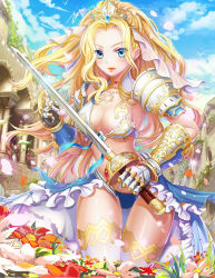 Rule 34 | 10s, 1girl, 2016, armor, artist name, bikini, blonde hair, blue bikini, blue eyes, blue ribbon, blue skirt, blue sky, breasts, choker, cleavage, cloud, cloudy sky, cowboy shot, crown, curly hair, dated, day, earrings, eyebrows, eyelashes, eyes visible through hair, flower, frilled bikini, frilled skirt, frills, gauntlets, hand up, high collar, holding, holding sword, holding weapon, jewelry, large breasts, long hair, mismatched bikini, necklace, original, parted bangs, pauldrons, pearl necklace, petals, ribbon, shoulder armor, shoulder pads, showgirl skirt, sidelocks, signature, skirt, sky, solo, stud earrings, swimsuit, sword, thigh gap, thighhighs, veil, wanzi ma, weapon, white bikini, white thighhighs
