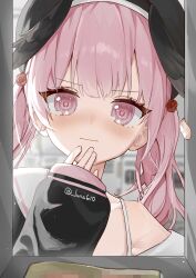 Rule 34 | 1girl, beret, black hat, black wings, blue archive, blush, book, censored, closed mouth, embarrassed, feathered wings, hat, head wings, highres, koharu (blue archive), locker, long hair, long sleeves, looking at viewer, luna (luna610), off shoulder, pink eyes, pink hair, sailor collar, school uniform, sleeves past wrists, solo, twintails, twitter username, white sailor collar, winged hat, wings