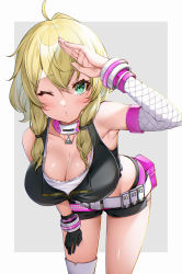 Rule 34 | 1girl, ahoge, bent over, black gloves, black shorts, blonde hair, blush, breasts, cleavage, collar, commentary request, commission, gloves, green eyes, grey background, hair between eyes, hand on own thigh, hand on thigh, highres, iina kyuu, indie virtual youtuber, izumi kei, large breasts, looking at viewer, mole, mole under eye, one eye closed, short hair, shorts, simple background, single glove, skeb commission, solo, thighs, two-tone background, virtual youtuber, white background, zipper