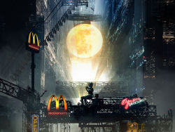 Rule 34 | 1other, ambiguous gender, bad id, bad pixiv id, building, cyberpunk, eating, english text, full moon, highres, hologram, mcdonald&#039;s, moon, neon lights, original, outdoors, scenery, science fiction, shizui fen, short hair, shorts, sign, solo, stairs