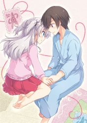 Rule 34 | 10s, 1boy, 1girl, barefoot, black hair, blue eyes, casual, charlotte (anime), couple, feet, holding hands, hetero, kousetsu, long hair, otosaka yuu, postage stamp, red eyes, robe, silver hair, tomori nao, twintails, two side up