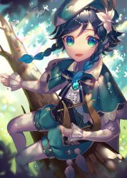 Rule 34 | 1boy, androgynous, beret, black hair, blue eyes, blue hair, blurry, blurry background, bow, braid, branch, brooch, cape, collared cape, commentary request, day, feathers, flower, gem, genshin impact, gradient hair, green eyes, green hat, green shorts, hair flower, hair ornament, hat, highres, holding, holding instrument, in tree, instrument, jewelry, kozou kazaru, leaf, long sleeves, looking at viewer, lyre, male focus, multicolored hair, open mouth, outdoors, pantyhose, pinwheel, shirt, short hair with long locks, shorts, sitting, sitting in tree, smile, solo, tree, twin braids, venti (genshin impact), white flower, white pantyhose, white shirt