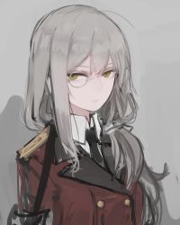 Rule 34 | 1girl, black necktie, buttons, double-breasted, epaulettes, expressionless, girls&#039; frontline, grey background, grey hair, griffin &amp; kryuger military uniform, helianthus (girls&#039; frontline), highres, long hair, looking at viewer, monocle, necktie, painterly, rampart1028, solo, uniform, upper body, yellow eyes