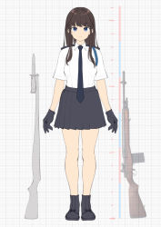 Rule 34 | 1girl, aiguillette, battle rifle, bayonet, black footwear, black gloves, black necktie, black skirt, blue eyes, boots, breasts, brown hair, closed mouth, collared shirt, full body, genso, gloves, gun, height chart, long hair, looking at viewer, m14, medium breasts, miniskirt, necktie, original, pleated skirt, rifle, shirt, shirt tucked in, short sleeves, simple background, skirt, smile, solo, standing, weapon, white background, white shirt