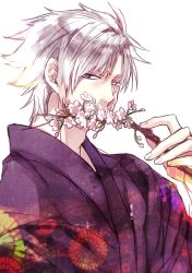 Rule 34 | 1boy, bad id, bad pixiv id, branch, cherry blossoms, covering face, covering own mouth, covering privates, fate/zero, fate (series), flower, grey hair, heterochromia, japanese clothes, kimono, male focus, matou kariya, purple eyes, solo, white background, white eyes, xrjingx