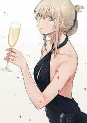 Rule 34 | 1girl, alcohol, alternate hairstyle, an-94 (girls&#039; frontline), an-94 (silent rouge) (girls&#039; frontline), aqua eyes, armpit crease, backless dress, backless outfit, bare arms, bare shoulders, belt, black dress, braid, breasts, champagne, champagne flute, collarbone, cup, dress, drinking glass, folded ponytail, french braid, from side, girls&#039; frontline, gradient background, hair between eyes, hair ornament, hair up, halter dress, halterneck, hand up, highres, holding, holding cup, huqu, jewelry, korean commentary, long hair, looking at viewer, official alternate costume, parted lips, petals, ring, rose petals, sidelocks, silver hair, simple background, small breasts, solo, upper body