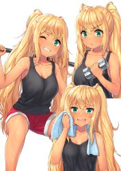 Rule 34 | 1girl, bare shoulders, black tank top, blonde hair, breasts, commentary request, dark-skinned female, dark skin, dumbbell, dumbbell nan kilo moteru?, exercising, fang, green eyes, hair between eyes, long hair, looking at viewer, medium breasts, multiple views, one eye closed, open mouth, partial commentary, pensuke, red shorts, sakura hibiki, shorts, sweat, tan, tank top, towel, towel around neck, twintails, white background