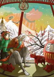 Rule 34 | 1boy, 1other, akabeko, androgynous, branch, child, chinese zodiac, clothing request, cloud print, commentary request, covered face, daruma doll, fisheye, grey pants, hands up, highres, japanese clothes, kimono, knees up, leaning forward, long hair, mask, new year, obi, on floor, orange kimono, original, pants, petting, print kimono, sash, shadow, shide, sitting, snowing, sploot, tabi, tatami, tree, white hair, white legwear, white mask, white sleeves, yagate149, year of the ox, yellow sash