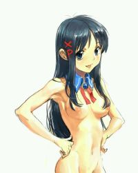 Rule 34 | 1girl, blue eyes, blue hair, breasts, detached collar, groin, hand on own hip, long hair, matching hair/eyes, navel, nipples, nude, os-tan, out-of-frame censoring, simple background, solo, white background, xp-tan