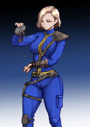 Rule 34 | 1girl, armor, belt, black eyes, black gloves, blonde hair, blue bodysuit, bodysuit, breasts, fallout (series), fallout 3, fingerless gloves, flask, gloves, gradient background, holding, holding flask, knee pads, large breasts, leather armor, lone wanderer, looking down, mxgh4344, parted lips, pip boy, pocket, pouch, short hair, shoulder armor, simple background, solo, standing, sweatdrop, thigh strap, turtleneck, vault suit, water drop