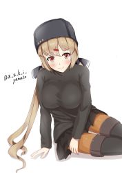 Rule 34 | 1girl, black bow, black footwear, black hat, black skirt, blush, boots, bow, breasts, brown eyes, brown hair, brown thighhighs, closed mouth, fur hat, hair between eyes, hair bow, hat, highres, kantai collection, large breasts, long hair, looking at viewer, low twintails, one-hour drawing challenge, pantyhose, papakha, simple background, sitting, skirt, smile, solo, star (symbol), tashkent (kancolle), thigh boots, thighhighs, twintails, twitter username, white background, zuki