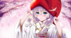 Rule 34 | 1girl, aka kitsune, blue eyes, blush, cherry blossoms, closed mouth, commentary request, grey hair, hair between eyes, japanese clothes, kantai collection, kashima (kancolle), kimono, long hair, partial commentary, plant, sidelocks, smile, solo, tree, upper body, white kimono