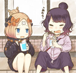 Rule 34 | 2girls, abigail williams (fate), abigail williams (traveling outfit) (fate), bandaid, bandaid on face, bandaid on forehead, black bow, black jacket, blonde hair, blue eyes, blush, bow, burnt tongue, chopsticks, closed eyes, commentary request, crossed bandaids, cup ramen, eating, fate/grand order, fate (series), feet out of frame, food, grey hoodie, hair bow, hair bun, highres, holding, holding chopsticks, hood, hood down, hoodie, instant ramen, izuchi nanchi, jacket, katsushika hokusai (fate), katsushika hokusai (traveling outfit) (fate), long hair, looking at another, multiple girls, multiple hair bows, noodles, official alternate costume, orange bow, pants, parted bangs, purple hair, ramen, single hair bun, sitting, sleeves past wrists, steam
