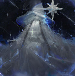 Rule 34 | 1girl, absurdres, blue eyes, cloak, closed mouth, colored skin, dress, elden ring, extra arms, glowing, hat, highres, large hat, medium hair, nibanmachi wakai, night, night sky, one eye closed, own hands together, ranni the witch, sky, solo, sparkle, star (sky), starry sky, white dress, white hair, white skin, witch hat