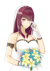 Rule 34 | 1girl, absurdres, blush, bouquet, breasts, cleavage, dress, fate/grand order, fate (series), finger to eye, flower, gloves, highres, large breasts, long hair, purple hair, red eyes, scathach (fate), scathach (fate), shi (user ptm0299), solo, white dress, white gloves