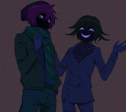 Rule 34 | 2boys, alternate color, alternate hair color, blue eyes, buttons, checkered clothes, checkered scarf, commentary, cowboy shot, danganronpa (series), danganronpa v3: killing harmony, double-breasted, evil smile, glowing, glowing eyes, green hair, green jacket, green scarf, hand up, hands up, hiyori sou, jacket, kimi ga shine, long sleeves, looking at viewer, male focus, multiple boys, oma kokichi, pants, purple hair, qosic, scarf, short hair, smile, sou hiyori, straitjacket