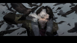 Rule 34 | 1boy, arm up, bird, black coat, black hair, blurry, coat, commentary, crow, depth of field, emet-selch, epaulettes, feathers, final fantasy, final fantasy xiv, flying, fringe trim, fur-trimmed coat, fur trim, garlean, gloves, grey background, highres, letterboxed, long sleeves, looking to the side, male focus, multicolored hair, parted bangs, shaynesun, short hair, solo, streaked hair, third eye, two-tone hair, upper body, white gloves, white hair, yellow eyes