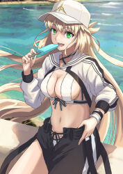Rule 34 | 1girl, artoria caster (fate), artoria caster (swimsuit) (fate), artoria caster (swimsuit) (first ascension) (fate), artoria pendragon (fate), asymmetrical clothes, baseball cap, beach, bikini, black pants, blonde hair, breasts, cleavage, cropped jacket, fate/grand order, fate (series), food, green eyes, hat, highres, jacket, ksfactory, long hair, long sleeves, looking at viewer, medium breasts, navel, open mouth, pants, popsicle, shrug (clothing), single pantsleg, smile, solo, swimsuit, thighs, twintails, white bikini, white hat, white jacket