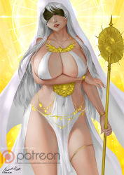 Rule 34 | 1girl, ariverkao, arm under breasts, black blindfold, blindfold, breasts, cleavage, covered eyes, dated, habit, holding, holding staff, large breasts, lips, long hair, open mouth, original, patreon logo, pelvic curtain, signature, solo, staff, standing, white hair, yellow background