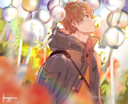 Rule 34 | 1boy, bag, blurry, blurry foreground, brown eyes, brown hair, closed mouth, green jacket, jacket, lacyy, long sleeves, luke pearce (tears of themis), open clothes, open jacket, shirt, short hair, shoulder bag, signature, smile, solo, tears of themis, wind chime, yellow shirt