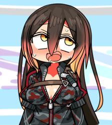 Rule 34 | 1girl, ahegao, breasts, brown hair, camouflage, camouflage jacket, cleavage, drooling, gradient hair, hair between eyes, hololive, jacket, kanikama, large breasts, long hair, lowres, multicolored hair, open mouth, orange hair, roboco-san, roboco-san (1st costume), smile, solo, strap, sweat, tongue, upper body, virtual youtuber