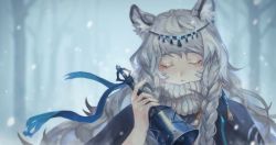 Rule 34 | animal ear fluff, animal ears, arknights, braid, cape, capelet, closed eyes, forest, hakuyo 99, highres, holding, jewelry, long hair, nature, necklace, pramanix (arknights), silver hair, snow, snowing, solo, turtleneck