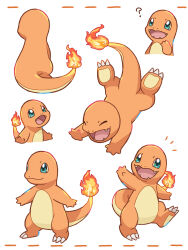 Rule 34 | ?, back, charmander, claws, closed mouth, creatures (company), feet, fiery tail, fire, full body, game freak, gen 1 pokemon, green eyes, happy, neko gyoza, nintendo, open mouth, pokemon, pokemon (creature), simple background, smile, standing, tail, white background