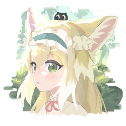 Rule 34 | 1girl, animal ears, arknights, blonde hair, blue hairband, blush, commentary, crossover, film grain, fox ears, fox girl, frilled hairband, frills, green eyes, hair ornament, hair scrunchie, hairband, heixiu, highres, kattowu, multicolored hair, neck ribbon, on head, parted lips, portrait, red ribbon, ribbon, scrunchie, solo, suzuran (arknights), suzuran (spring praise) (arknights), luo xiaohei zhanji, two-tone hair, white hair, white scrunchie