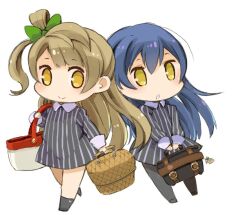 Rule 34 | 2girls, bag, blue hair, bow, brown hair, chibi, closed mouth, commentary, full body, hair bow, long hair, looking at viewer, love live!, love live! school idol project, minami kotori, mota, multiple girls, one side up, simple background, skirt, smile, sonoda umi, white background, yellow eyes