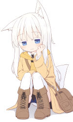 Rule 34 | 1girl, animal ear fluff, animal ears, ayanepuna, bag, black ribbon, blue eyes, blue panties, blush, boots, brown footwear, brown jacket, closed mouth, collared shirt, colored eyelashes, commentary, cross-laced footwear, full body, hand up, highres, hood, hood down, hooded jacket, jacket, knees up, lace-up boots, long hair, long sleeves, looking at viewer, neck ribbon, original, panties, ribbon, shadow, shio (ayanepuna), shirt, shoulder bag, simple background, smile, solo, squatting, symbol-only commentary, tail, thighhighs, thighhighs under boots, underwear, very long hair, white background, white hair, white shirt, white thighhighs