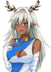 Rule 34 | 1girl, blue eyes, braid, breasts, cleavage, cleavage cutout, clothing cutout, dark-skinned female, dark skin, dragon girl, dragon horns, fang, highres, horns, indie virtual youtuber, large breasts, long hair, one eye closed, open mouth, pointy ears, scales, seiryuu aoi, side braid, silver hair, skin fang, smile, solo, upper body, v-shaped eyebrows, virtual youtuber, yano toshinori