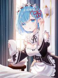 Rule 34 | 1girl, apron, bare shoulders, bed, blue eyes, blue hair, blush, breasts, cleavage, commentary request, detached sleeves, dress, frills, hair ornament, hair over one eye, hair ribbon, highres, holding, holding towel, indoors, iren lovel, large breasts, looking at viewer, maid, maid headdress, open mouth, pink ribbon, re:zero kara hajimeru isekai seikatsu, rem (re:zero), ribbon, short hair, smile, solo, thighhighs, towel, white thighhighs, window, x hair ornament