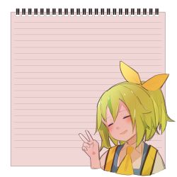 Rule 34 | 1girl, ascot, blue vest, blush, bow, closed eyes, commentary request, cookie (touhou), daiyousei, diyusi (cookie), green hair, hair bow, high-visibility vest, jiyu (jiyusi), notepad, open mouth, ponytail, shirt, short hair, smile, solo, template, textless version, touhou, upper body, v, vest, white background, white shirt, yellow ascot, yellow bow