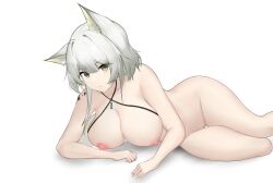 Rule 34 | 1girl, absurdres, animal ear fluff, animal ears, arknights, breasts, cat ears, cleft of venus, closed mouth, collarbone, feet out of frame, gluteal fold, green eyes, grey hair, highres, kal&#039;tsit (arknights), large breasts, long hair, looking at viewer, lying, material growth, nipples, nude, on side, oripathy lesion (arknights), pussy, sarea (sarea2020), simple background, solo, thigh gap, uncensored, white background