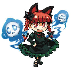 Rule 34 | 1girl, animal ears, blunt bangs, bow, braid, cat ears, cat girl, dress, fang, female focus, frilled dress, frills, full body, ghost, glowing, glowing eyes, hand on own hip, hip focus, hitsuji bako, kaenbyou rin, mary janes, open mouth, pointy ears, red eyes, red hair, ribbon, shoes, skull, solo, spirit, touhou, twin braids, white background, white legwear