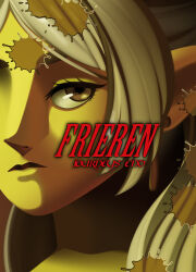 Rule 34 | 1girl, absurdres, box art, character name, close-up, closed mouth, colored skin, commentary, cover, deebyfeeby, elf, english commentary, eyelashes, fake box art, fake cover, frieren, grey hair, highres, kazuma kaneko (style), parody, pointy ears, shin megami tensei, shin megami tensei iii: nocturne, solo, sousou no frieren, style parody, upper body, video game cover, yellow skin