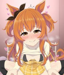 Rule 34 | :p, absurdres, alternate costume, animal ears, bed, blurry, blurry background, blush, bra, breasts, casual, commentary request, heart, heart-shaped pupils, highres, horse ears, horse tail, implied sex, komesuke (artist), mayano top gun (umamusume), orange hair, saliva, small breasts, spread legs, sweat, symbol-shaped pupils, tail, thighhighs, tongue, tongue out, umamusume, underwear