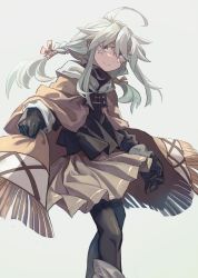 Rule 34 | 1girl, ahoge, ari (shichigatsu), black gloves, black pantyhose, braid, brown cape, brown skirt, cape, closed mouth, eyes visible through headwear, feet out of frame, floating hair, gloves, grey background, highres, long hair, looking at viewer, original, pantyhose, pleated skirt, red eyes, shichigatsu, simple background, skirt, smile, solo, standing, twin braids