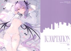 Rule 34 | 1girl, absurdres, bandaged leg, bandages, expressionless, highres, lying, navel, on bed, original, panties, purple eyes, purple hair, rurudo, solo, stomach, thigh strap, twintails, underwear, white panties, wings