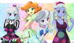 Rule 34 | 4girls, :3, arm behind back, black dress, blue dress, blue skin, blush, breasts, choker, cleavage, colored skin, dress, flower, glasses, glasses removed, gloves, green eyes, grey skin, hair bun, hair flower, hair ornament, hair ribbon, hairclip, hasbro, jewelry, long hair, looking at viewer, multicolored background, multicolored hair, multiple girls, my little pony, my little pony: equestria girls, my little pony: friendship is magic, necklace, open mouth, orange hair, pearl necklace, personification, photo finish, pink dress, pink gloves, ponytail, puffy sleeves, purple dress, purple eyes, purple ribbon, ribbon, scribble dee, short hair, short sleeves, silver spoon, sleeveless, sleeveless dress, small breasts, smile, standing, streaked hair, sugar coat, sugarcoat, twintails, uotapo, white hair, yellow skin